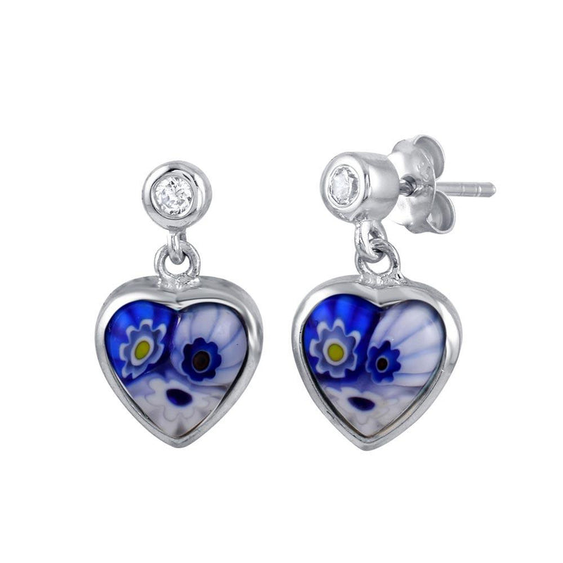 Sterling Silver 925 Rhodium Plated Blue Murano Glass CZ Heart Earring - ME00008-BLU | Silver Palace Inc.
