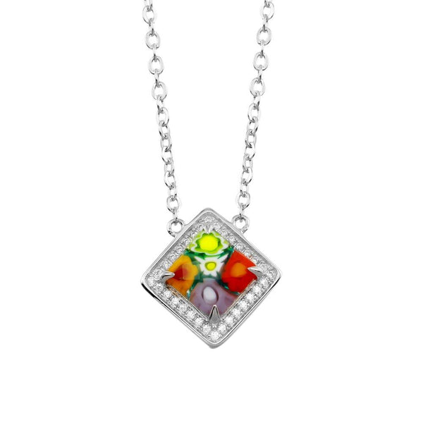 Sterling Silver 925 Rhodium Plated Square Halo Murano Glass CZ Necklace - MN00002 | Silver Palace Inc.