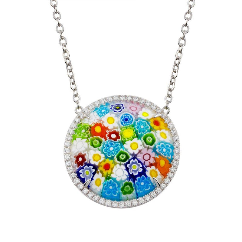 Sterling Silver 925 Rhodium Plated Halo Disc Murano Glass CZ Necklace - MN00003 | Silver Palace Inc.