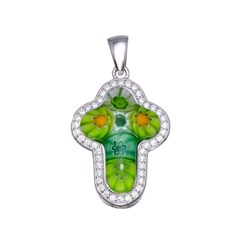 Sterling Silver 925 Rhodium Plated Green Murano Glass Cross CZ Pendant - MP00001GRN | Silver Palace Inc.