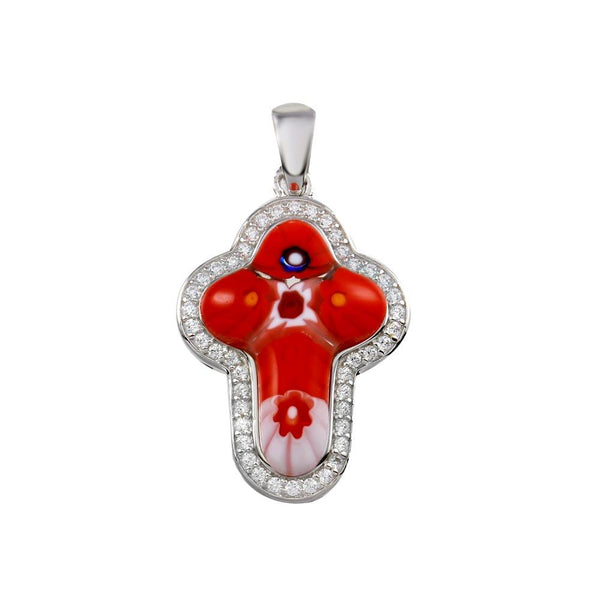 Sterling Silver 925 Rhodium Plated Red Murano Glass Cross CZ Pendant - MP00001RED | Silver Palace Inc.