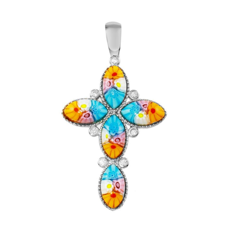Sterling Silver 925 Rhodium Plated Cross Murano Glass With CZ Pendant - MP00003 | Silver Palace Inc.