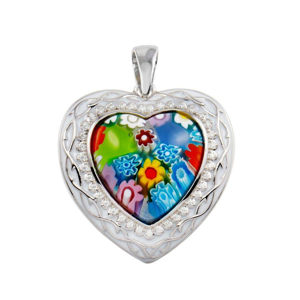 Sterling Silver 925 Rhodium Plated Heart Murano Glass With CZ Pendant - MP00004 | Silver Palace Inc.