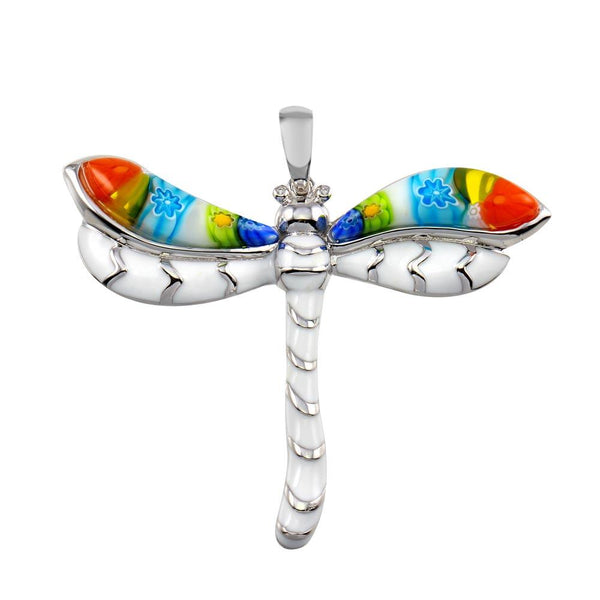 Sterling Silver 925 Rhodium Plated Glass Murano with White Enamel Dragonfly CZ Pendant - MP00005 | Silver Palace Inc.