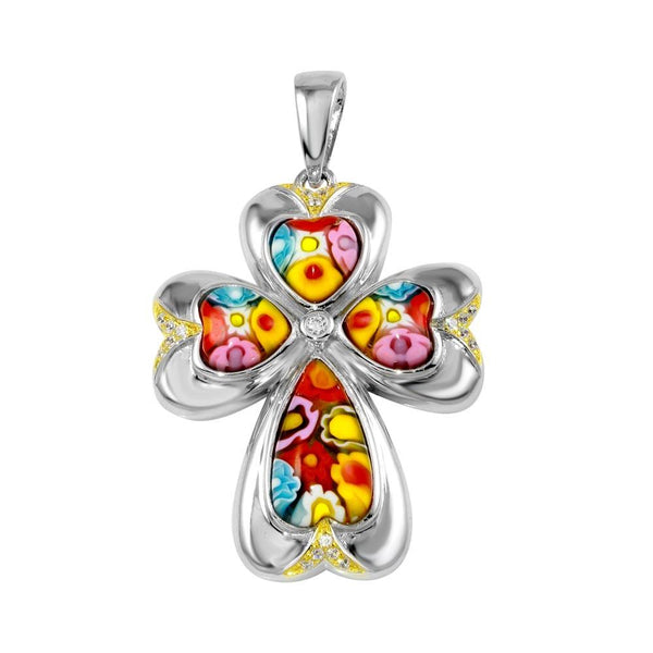 Sterling Silver 925 Rhodium Plated Murano Glass Flower Cross CZ Pendant - MP00009 | Silver Palace Inc.