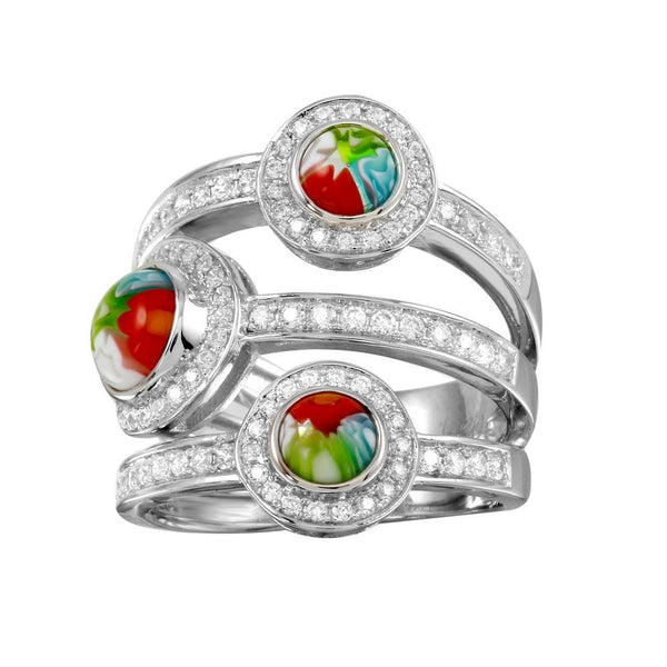 Sterling Silver 925 Rhodium Plated 3 Row 3 Round Murano Glass CZ Ring - MR00003 | Silver Palace Inc.