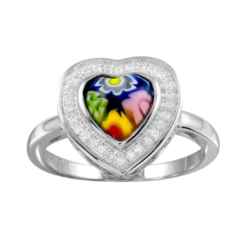 Sterling Silver 925 Rhodium Plated Heart Murano Glass Halo CZ Ring - MR00005 | Silver Palace Inc.