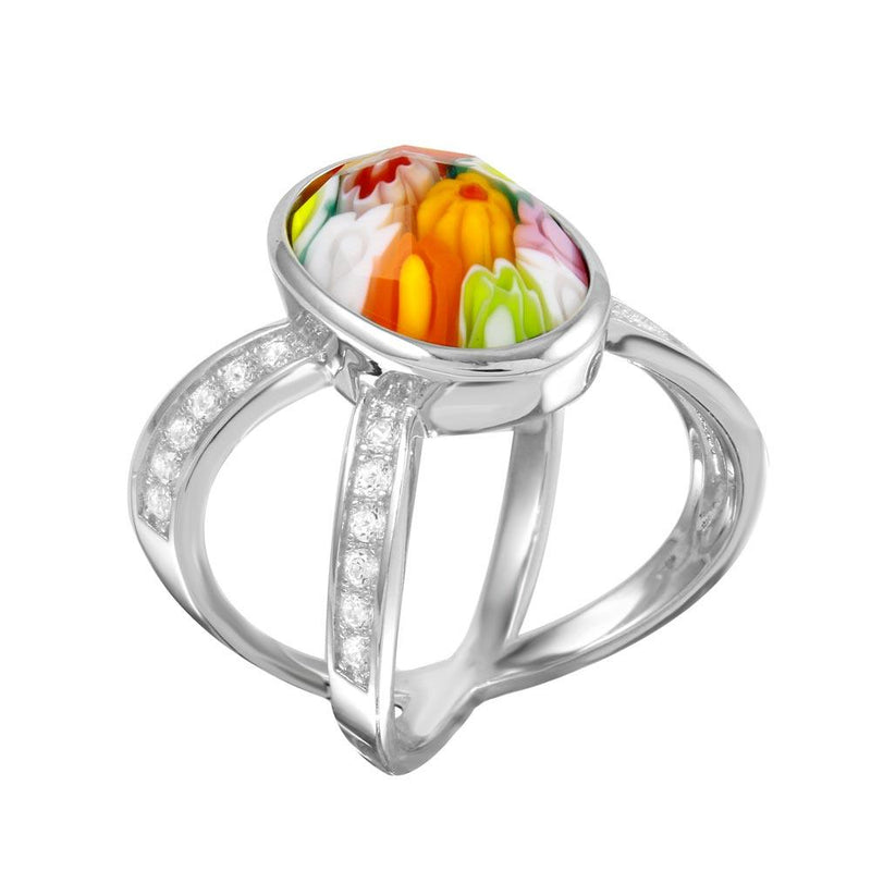 Rhodium Plated 925 Sterling Silver Open Shank Oval Shape Murano Glass CZ Ring - MR00006