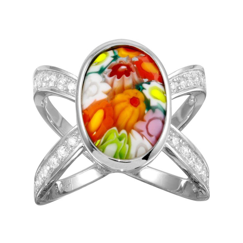 Sterling Silver 925 Rhodium Plated Open Shank Oval Shape Murano Glass CZ Ring - MR00006 | Silver Palace Inc.