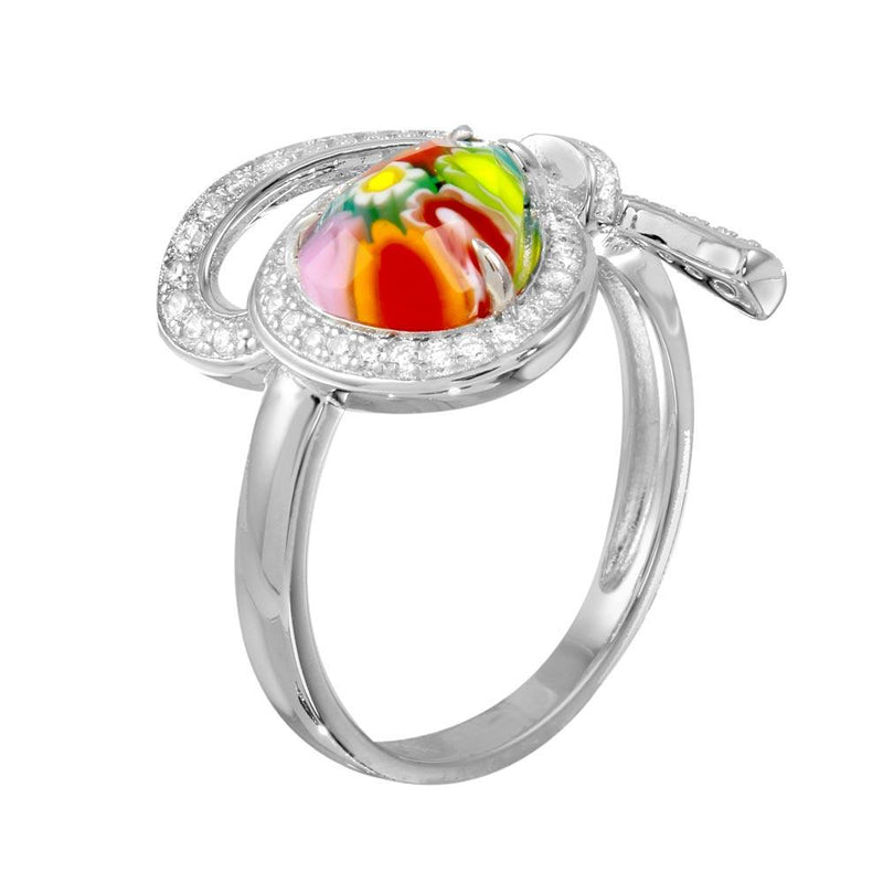 Rhodium Plated 925 Sterling Silver Open Heart Shape Ribbon Murano Glass CZ Ring - MR00007
