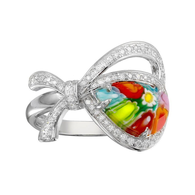 Sterling Silver 925 Rhodium Plated Open Heart Shape Ribbon Murano Glass CZ Ring - MR00007 | Silver Palace Inc.