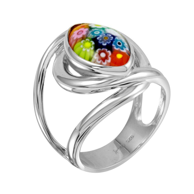 Rhodium Plated 925 Sterling Silver Open Shank Oval Shape Murano Glass Ring - MR00008