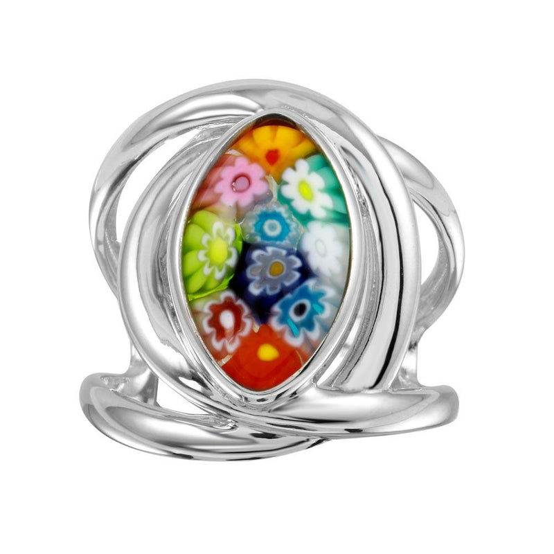 Sterling Silver 925 Rhodium Plated Open Shank Oval Shape Murano Glass Ring - MR00008 | Silver Palace Inc.