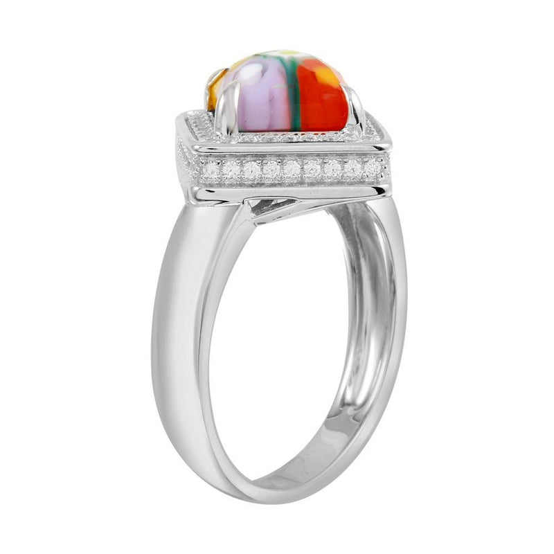 Rhodium Plated 925 Sterling Silver Square Halo CZ Murano Glass Ring - MR00009