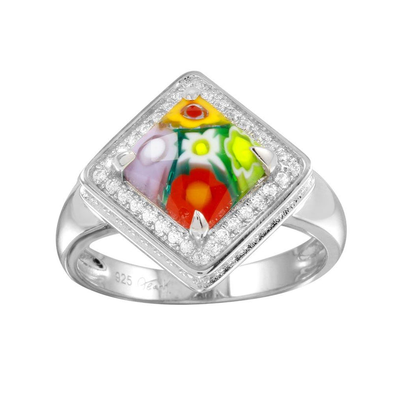 Sterling Silver 925 Rhodium Plated Square Halo CZ Murano Glass Ring - MR00009 | Silver Palace Inc.