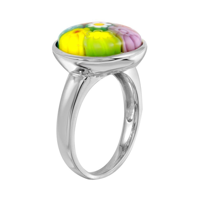 Rhodium Plated 925 Sterling Silver Disc Murano Glass Ring - MR00010