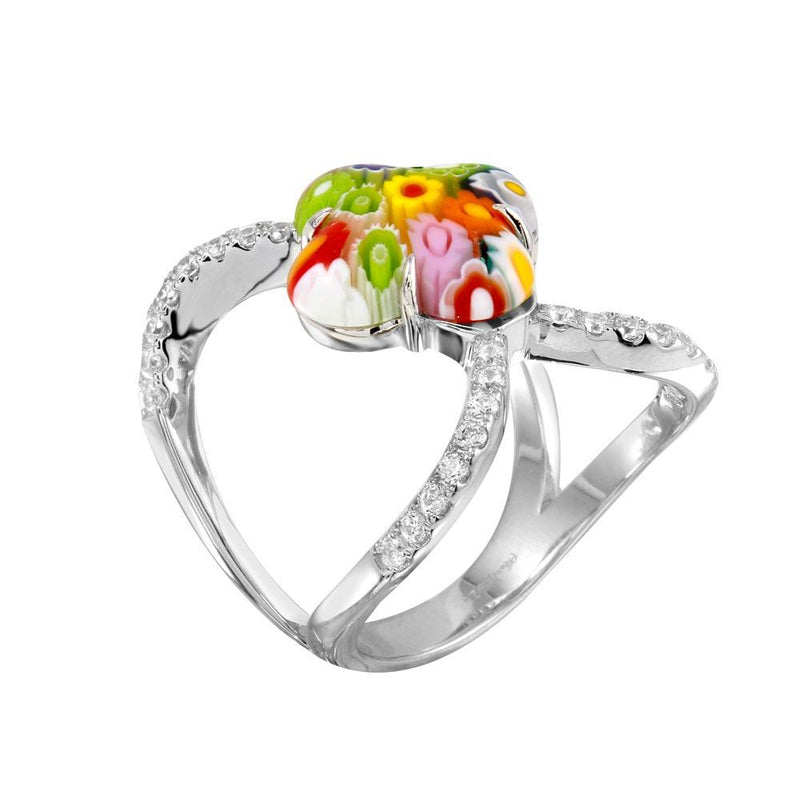 Rhodium Plated 925 Sterling Silver Open Shank Flower Shape Murano Glass CZ Ring - MR00013