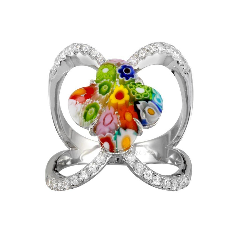 Sterling Silver 925 Rhodium Plated Open Shank Flower Shape Murano Glass CZ Ring - MR00013 | Silver Palace Inc.