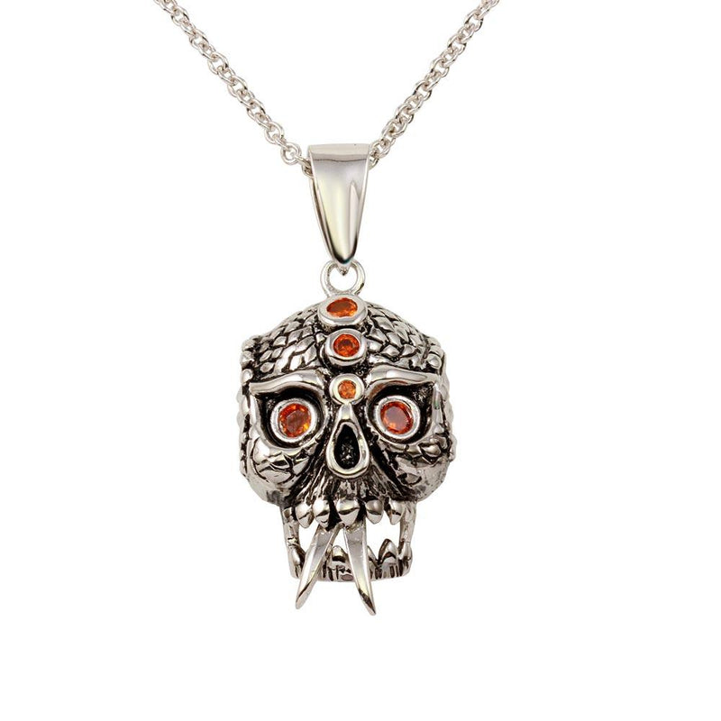 Closeout-Silver 925 Rhodium Plated Scary Skull Pendant Necklace with Red CZ - N000004 | Silver Palace Inc.