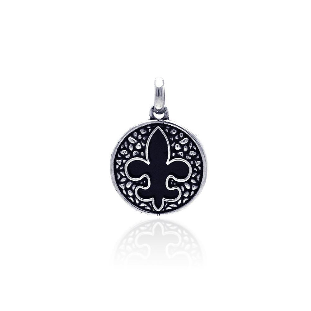 Silver 925 Oxidized Disc Black Stone Fleur De Lis Pendant - OXP00003 | Silver Palace Inc.