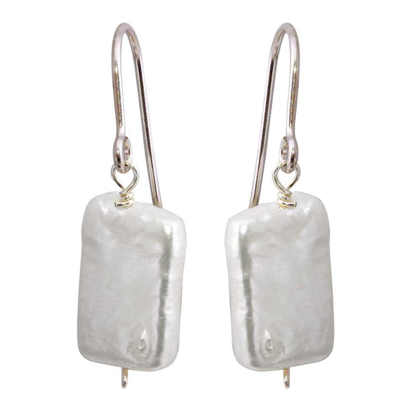 Silver 925 Rhodium Plated Fish Hook Square Dangling Pearl Earrings - PJE00004 | Silver Palace Inc.