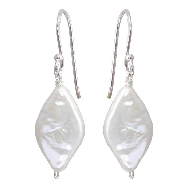 Silver 925 Rhodium Plated Fish Hook Diamond Shape Dangling Pearl Earrings - PJE00007 | Silver Palace Inc.