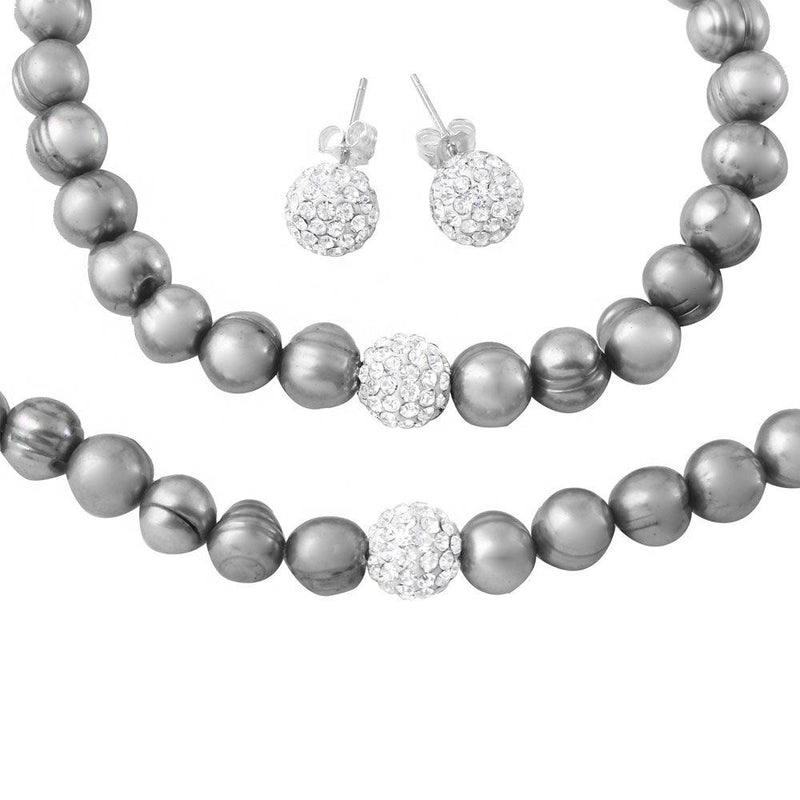 Fresh Water Grey Pearl Set with CZ Encrusted Sterling Silver Bead - PJS00001GRY | Silver Palace Inc.