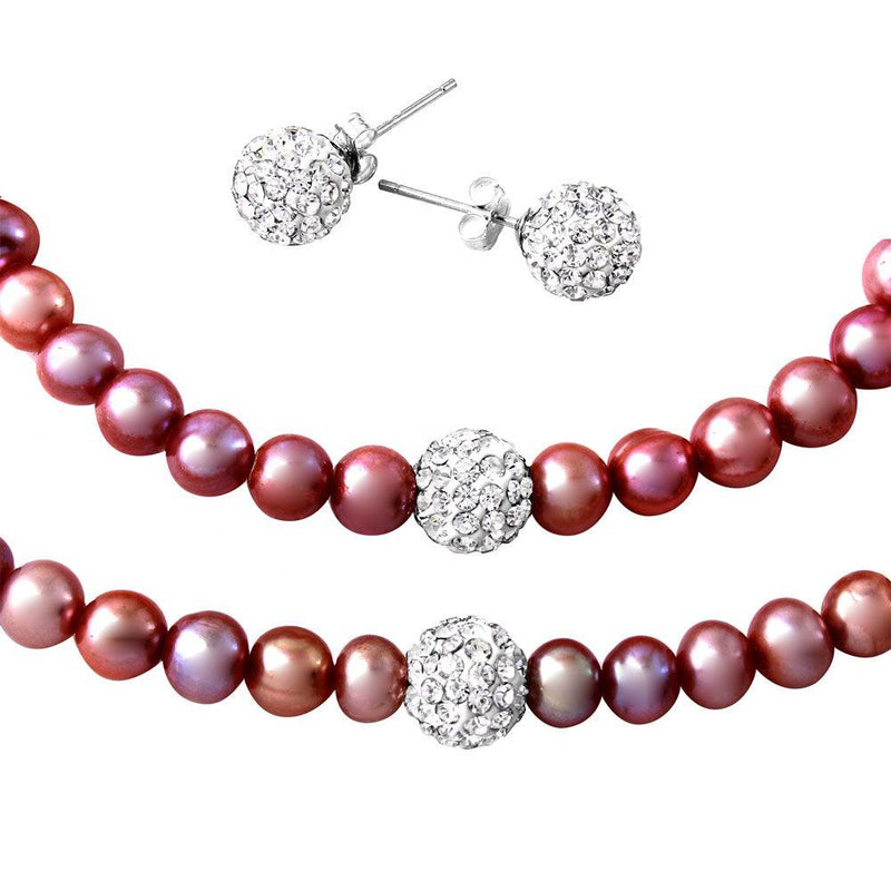 Fresh Water Pink Pearl Set with CZ Encrusted Sterling Silver Beads - PJS00001PNK | Silver Palace Inc.