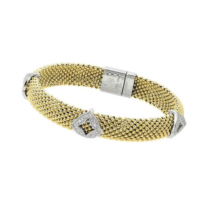 Closeout-Silver 925 Gold Plated Micro Pave Diagonal Square Clear CZ Beaded Italian Bracelet - PSB00004GP | Silver Palace Inc.