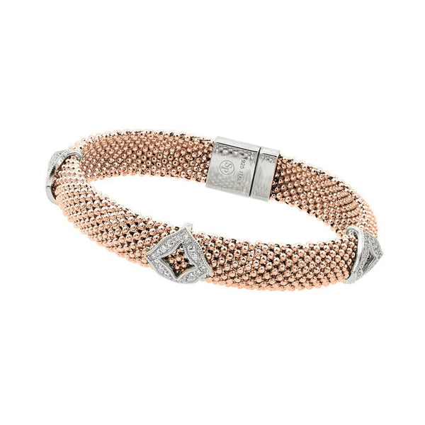 Closeout-Silver 925 Rose Gold Plated Micro Pave Diagonal Square Clear CZ Beaded Italian Bracelet - PSB00004RGP | Silver Palace Inc.