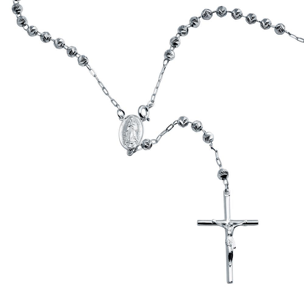 Sterling Silver 925 High Polished Diamond V-Cut Beads Rosary 3mm