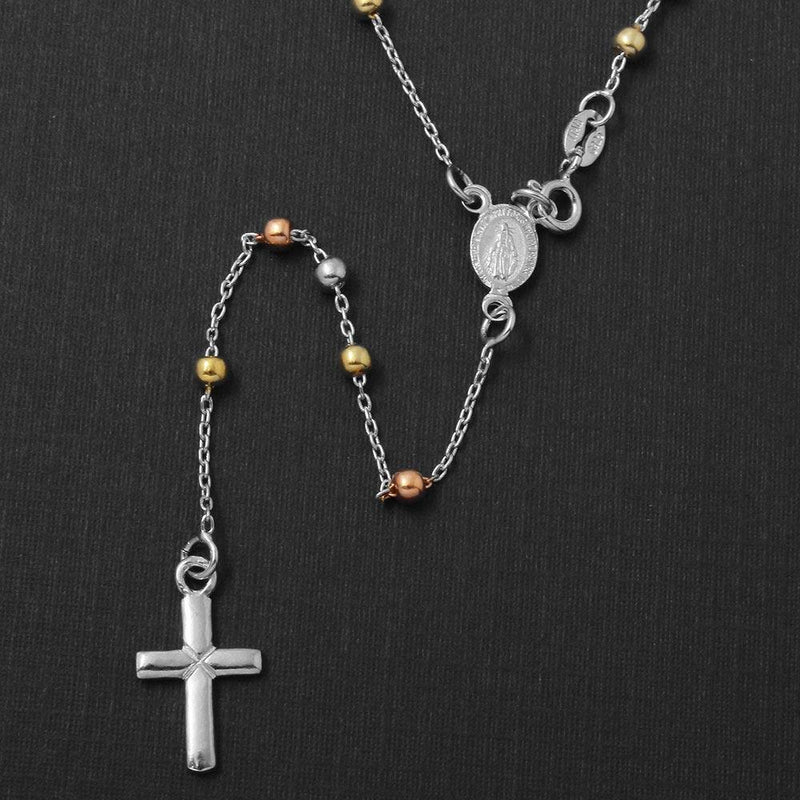 Silver 925 High Polished 3 Toned Rosary 3mm Large Cross - ROS10-3MM | Silver Palace Inc.