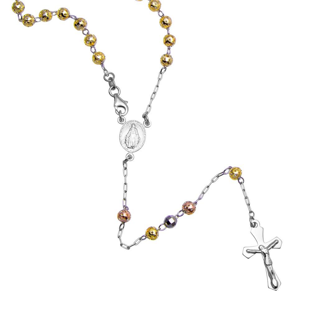 Silver 925 High Polished 3 Toned Filigree and Diamond Cut Bead Rosary 5mm - ROS22-5MM | Silver Palace Inc.