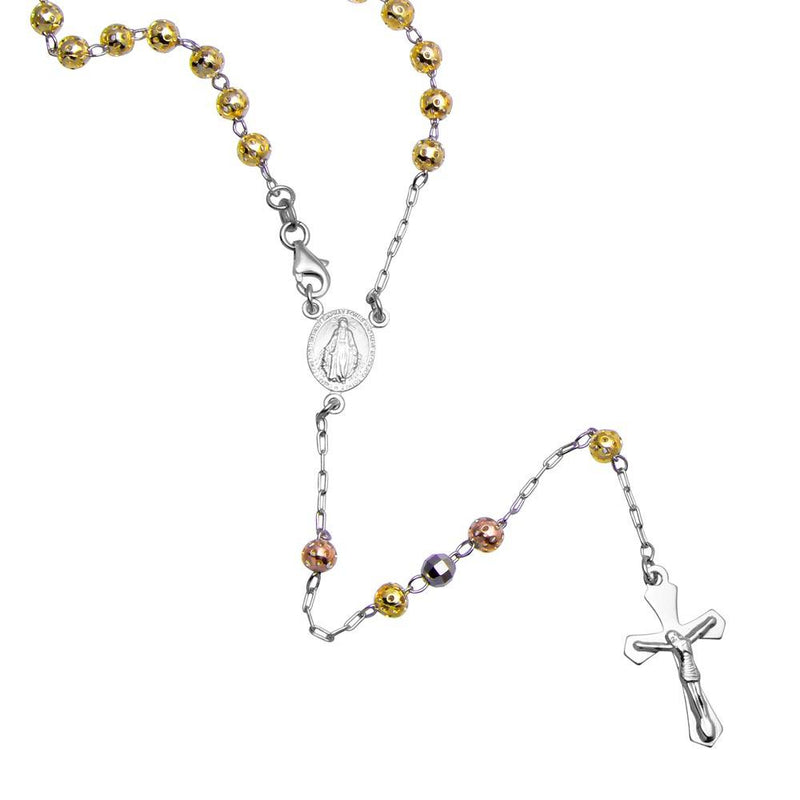 Silver 925 High Polished 3 Toned Filigree and Diamond Cut Bead Rosary 5mm - ROS22-5MM | Silver Palace Inc.
