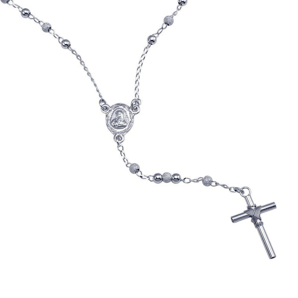 Rhodium Plated 925 Sterling Silver Alternating Glittered and Plain Beads Rosary Necklace - RS06RH-B-3MM | Silver Palace Inc.