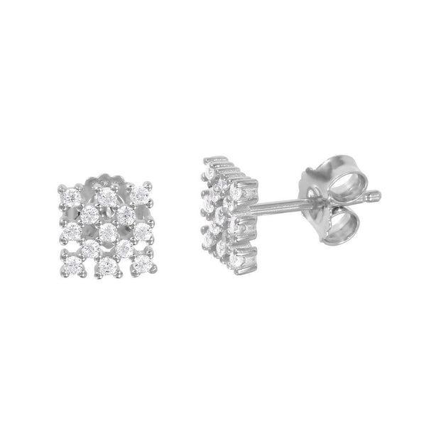 Silver 925 Rhodium Plated Small Square Checkered CZ Stud Earrings - ACE00078RH | Silver Palace Inc.