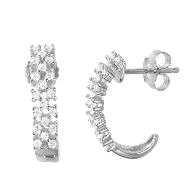 Silver 925 Rhodium Plated Thin Checkered CZ Semi-huggie hoop Earrings - ACE00081RH | Silver Palace Inc.