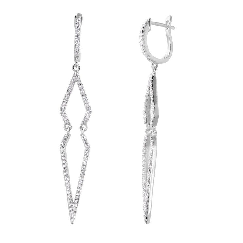 Silver 925 Rhodium Plated Dangling Geometric CZ huggie hoop Earrings - ACE00094RH | Silver Palace Inc.