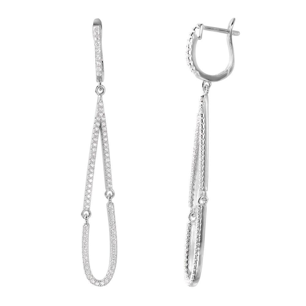 Silver 925 Rhodium Plated Dangling Open Tear Drop CZ huggie hoop Earrings - ACE00098RH | Silver Palace Inc.