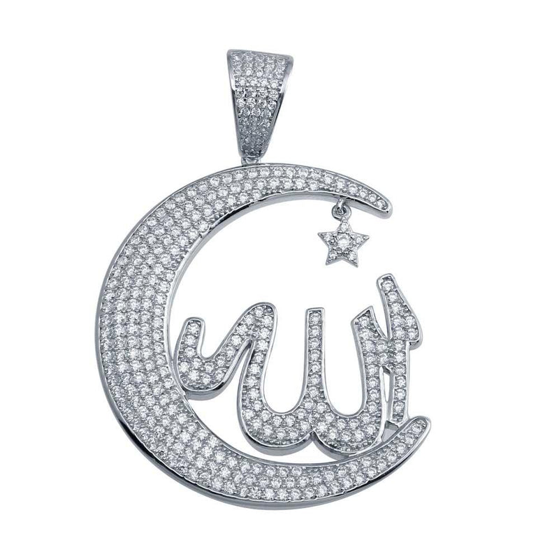 Rhodium Plated 925 Sterling Silver Allah Crescent Hip Hop Pendant - SLP00015 | Silver Palace Inc.