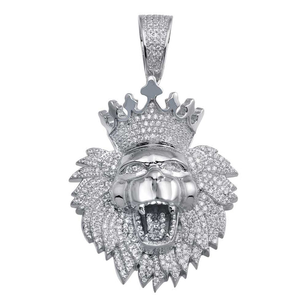 Rhodium Plated 925 Sterling Silver CZ Crowned Lion Hip Hop Pendant - SLP00024 | Silver Palace Inc.