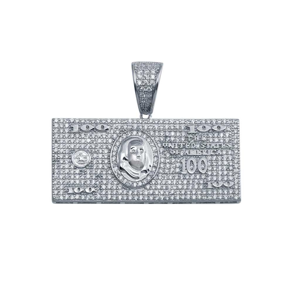 Rhodium Plated 925 Sterling Silver CZ Hundred Dollar Bill