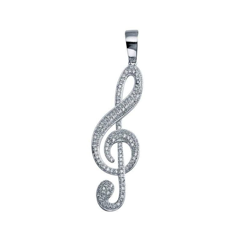 Rhodium Plated 925 Sterling Silver Treble Clef Musical Note Hip Hop Pendant - SLP00031 | Silver Palace Inc.