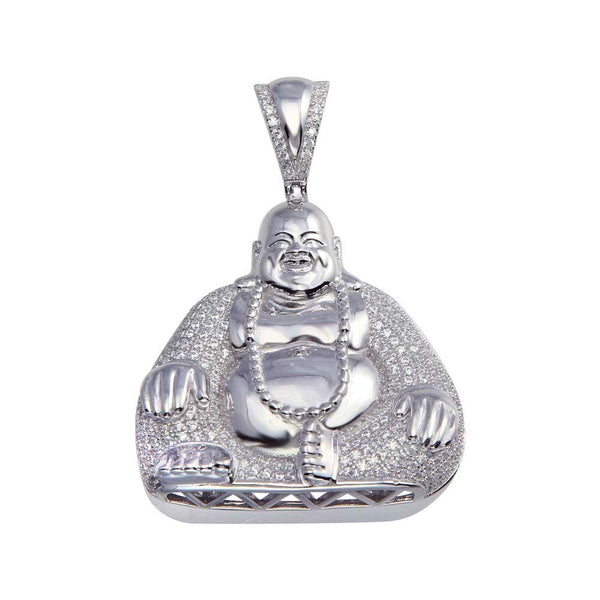 Rhodium Plated 925 Sterling Silver CZ Laughing Buddha Hip Hop Pendant - SLP00040. | Silver Palace Inc.
