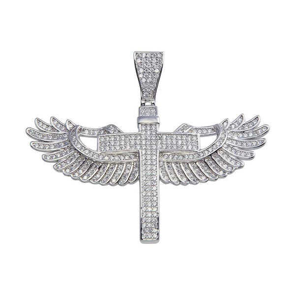 Rhodium Plated 925 Sterling Silver CZ Angel Wing Cross Hip Hop Pendant - SLP00042. | Silver Palace Inc.