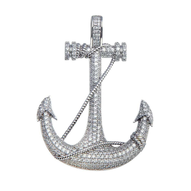 Rhodium Plated 925 Sterling Silver CZ Anchor Hip Hop Pendant - SLP00047. | Silver Palace Inc.