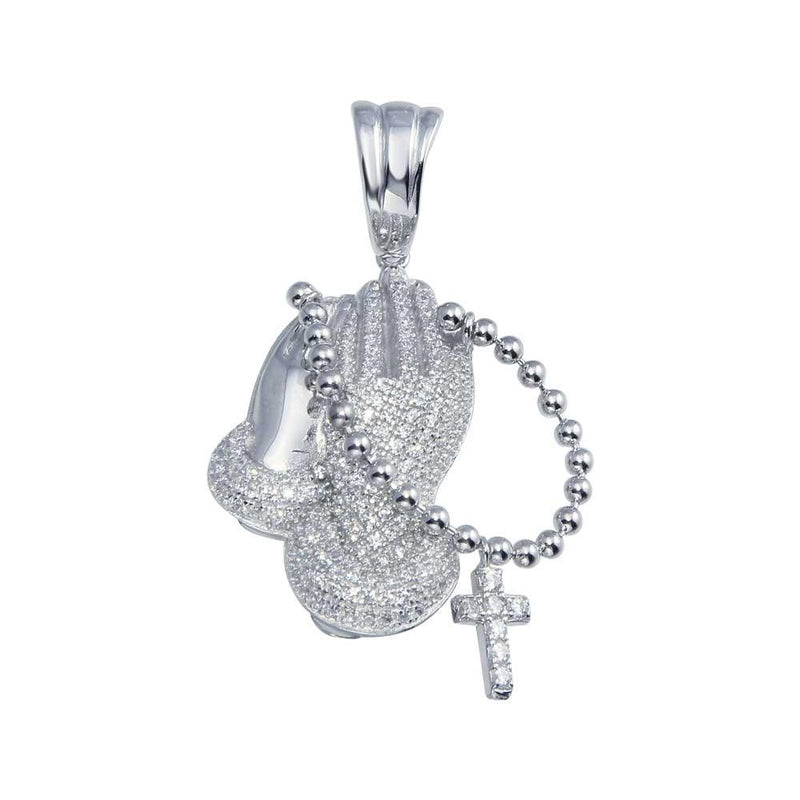 Rhodium Plated 925 Sterling Silver CZ Prayer Hand with Rosary Hip Hop Pendant - SLP00048. | Silver Palace Inc.