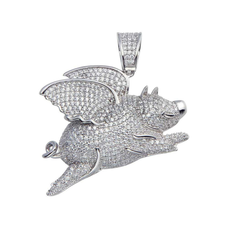 Rhodium Plated 925 Sterling Silver CZ Flying Pig Hip Hop Pendant - SLP00051 | Silver Palace Inc.