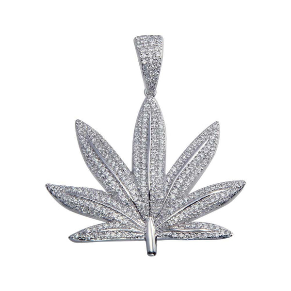 Rhodium Plated 925 Sterling Silver CZ Marijuana Leaf Hip Hop Pendant - SLP00057 | Silver Palace Inc.