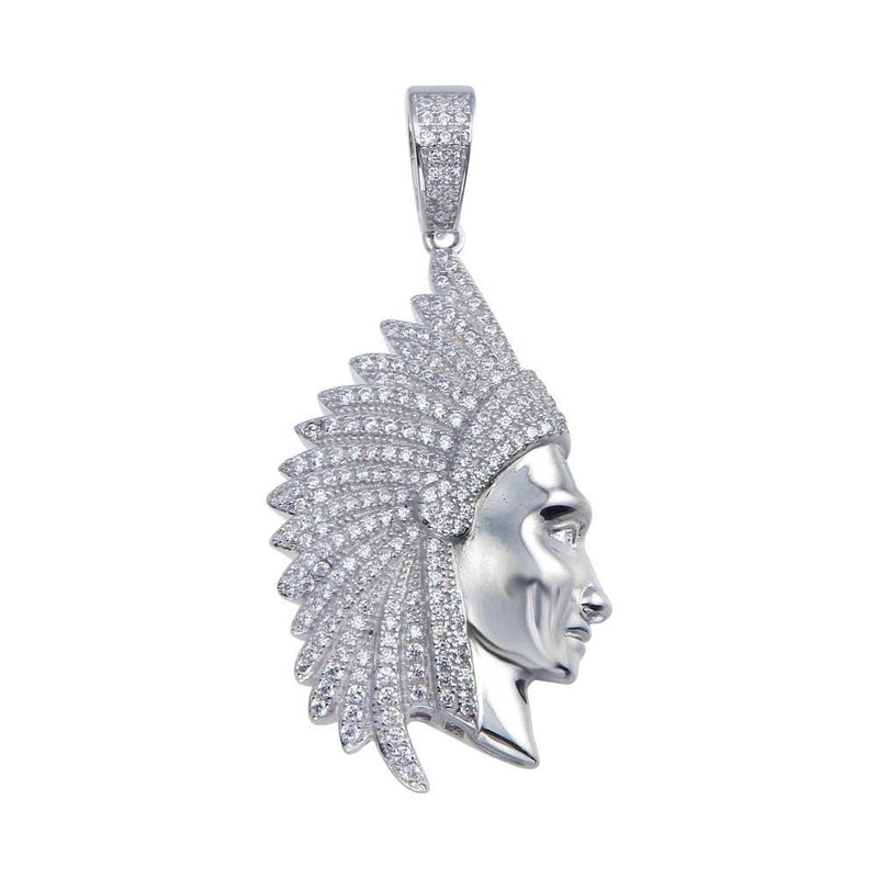 Rhodium Plated 925 Sterling Silver CZ Native American Chief Hip Hop Pendant - SLP00059 | Silver Palace Inc.